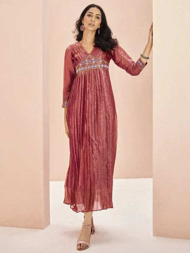 Adorable Coral Red Embroidered Organza Event Wear Kurti